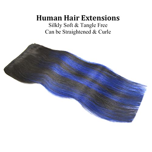 20-Inch Clip-In Hair Extensions Remy Human Hair Blue Balayage - 4 Pieces, T1B/Blue, 83g