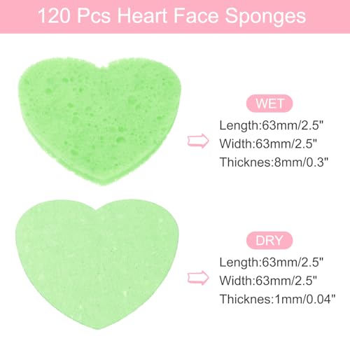 uxcell 120 Count Compressed Facial Sponges Heart-Shaped Face Cleansing Sponges Pads for Daily Skincare Routines at Home, Kitchen, Travel, Green
