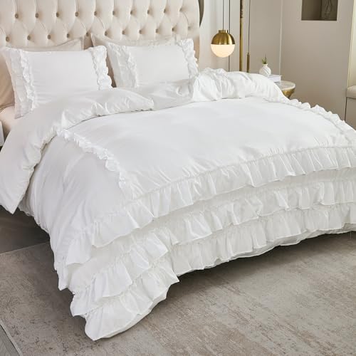 Herside White Queen Comforter Set with Ruffle Design - All Season 3-Piece Bedding