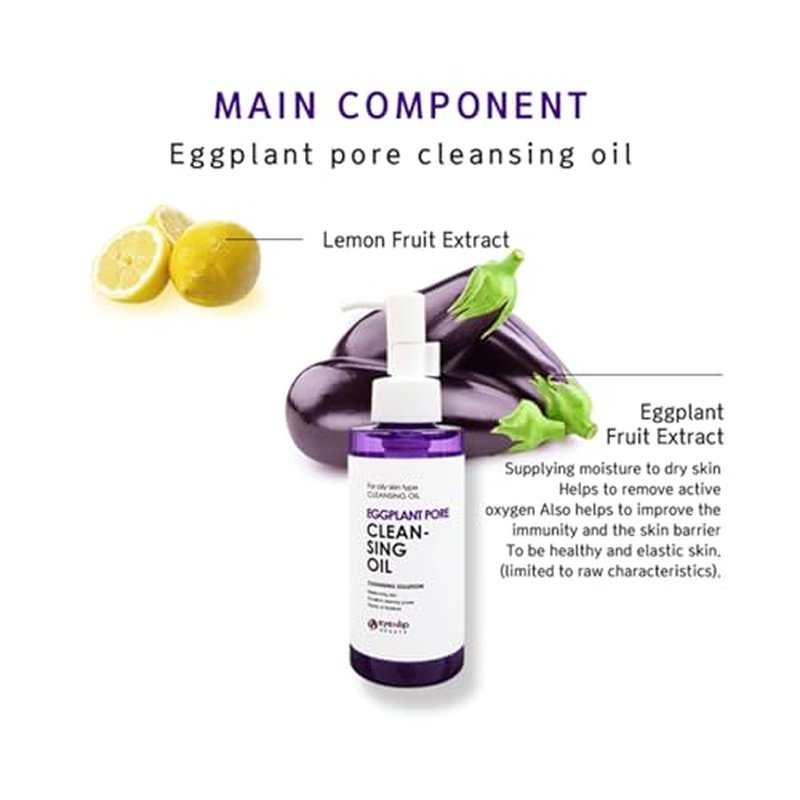 Eggplant Pore Cleansing Oil 5.07?fl?oz - Lightweight Oil Cleanser with Jojoba, Olive & Macadamia Oils to Dissolve Makeup and Balance Oily Skin, Korean Skincare