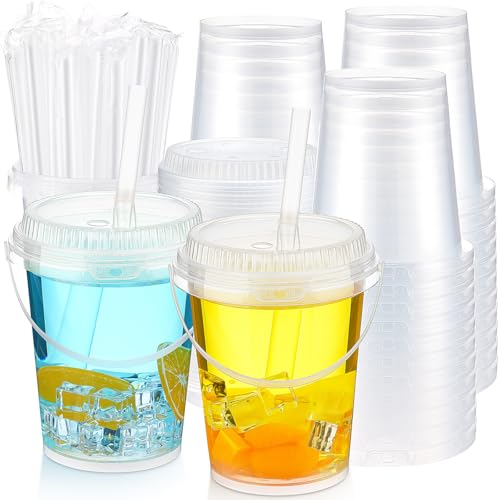 Funnymoom 100 Pack 34 oz Clear Plastic Drink Buckets with Lids & Straws for Events