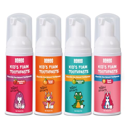 Kids Foam Toothpaste - Fluoride-Free Fruit Flavors, Strawberry, Orange, Peach & Cantaloupe - Travel Pack 4 x 2.1 Fl Oz