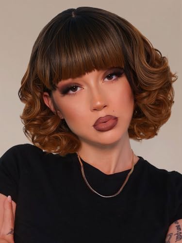 Short Curly Wig with Bangs - Ombre 2# Brown Variation