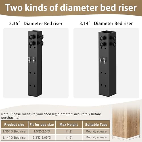 Black 3.15-Inch Diameter Metal Bed Riser Set - Adjustable Height for Dorm & Wooden Bed Frames