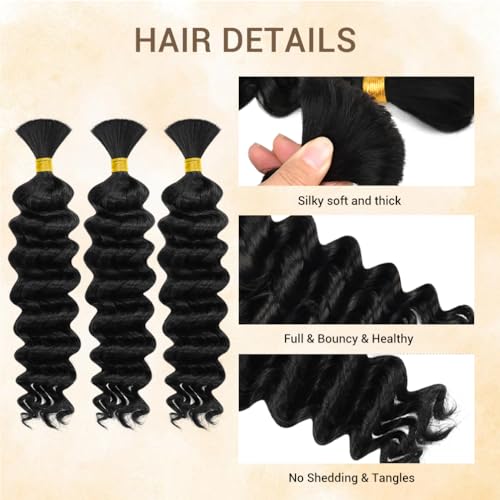 Deep Wave Human Hair for Braiding - 3 Bundles, 12 Inches, Natural Black 1B, Wet & Wavy