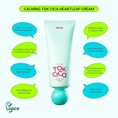 Calming Tok Cica Heartleaf Cream, Instant Cooling & Deep Hydrating Facial Cream for Sensitive Skin, Lightweight Soothing & Relief Moisturizer, Korean Daily Skin Care (3.38 fl.oz. / 100ml)
