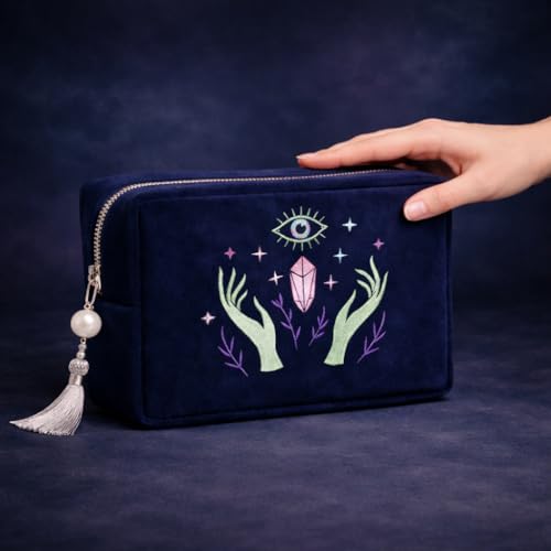 Velvet Zipper Pouch for Tarot Decks Crystals and Makeup - Mystical Organizer with Embroidery