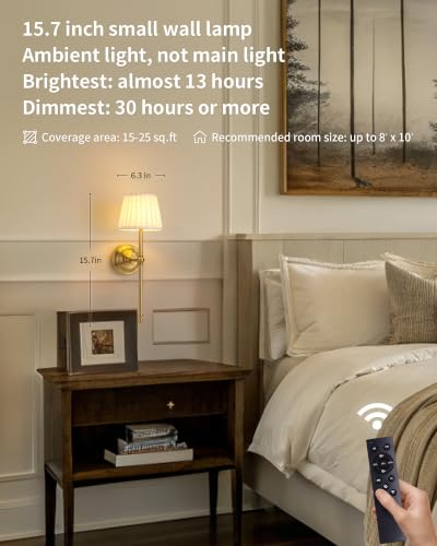 Gold Cordless Wall Sconce Set of 2 with Beige Fabric Shades - Dimmable LED Wall Lamps with Remote Control