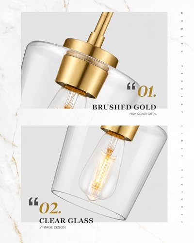 Gold Pendant Lights for Kitchen Island - Clear Glass Shade, 6 Inch - Brushed Gold Finish, 2 Pack