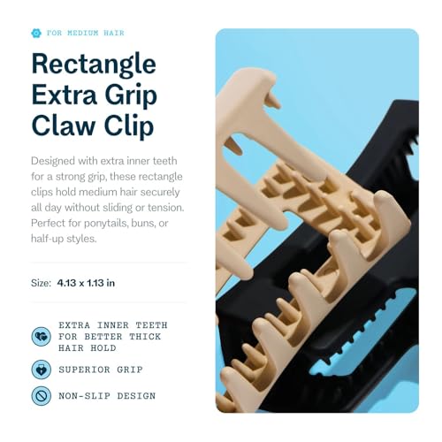 Gimme Beauty Rectangle Extra Grip Claw Clip - Double Teeth Accessory Set - Perfect for Medium Hair - Lasting Hold for Everyday Wear - Trendy, Non-Slip Cilp Duo for Women - Black & Tan, 2 Pack