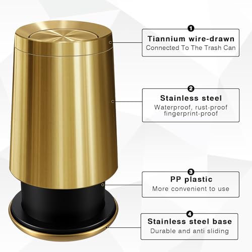 Gold Bathroom Trash Can with Lid and Toilet Brush Set - 2.6 Gallon