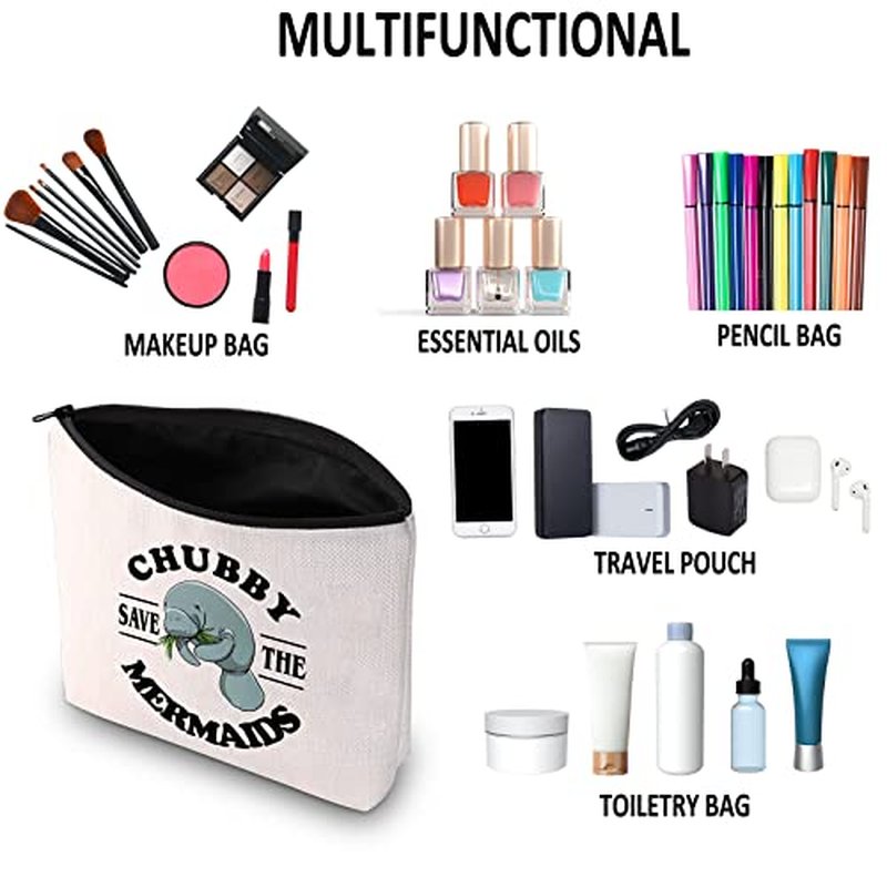 G2TUP Sea Manatee Lover Gift Save The Chubby Mermaids Makeup Bag Manatee Sea Cow Cosmetic Bag Animal Lover Gift Zipper Travel Bag (Save The Chubby Mermaids White Bag)