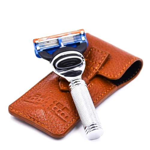 Parker Fusion Compatible Travel Razor with Leather Sheath – Compact Safety Razor