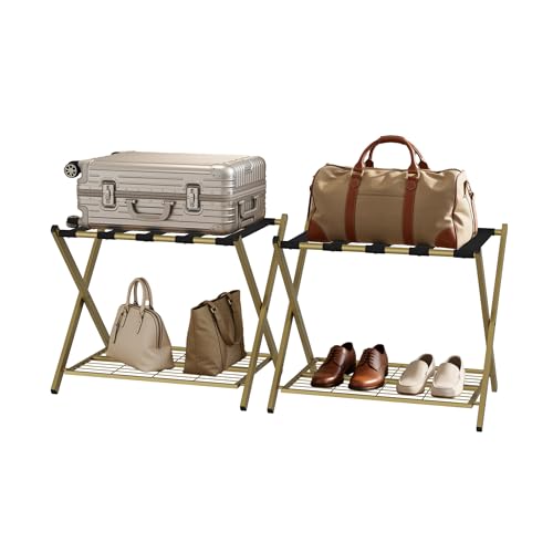 Smuxee Gold 2-Piece Fully Assembled Foldable Luggage Rack Set with 5 Nylon Straps