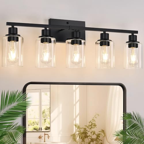 Indoi 5-Light Matte Black Bathroom Vanity Light with Clear Glass Shades – Modern Wall Lamp (Matte Black & Clear Glass)