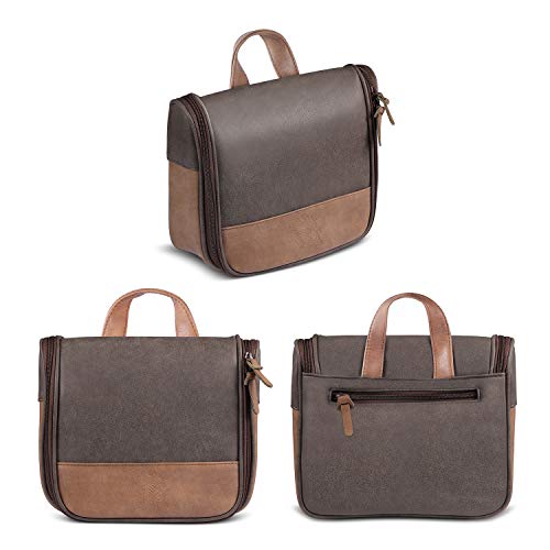 Men's Vintage Leather Hanging Toiletry Bag - Brown Pattern Waterproof Travel Organizer