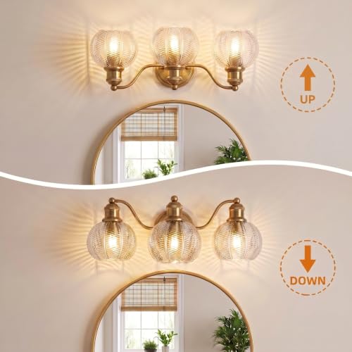 Gold 3-Light Vintage Bathroom Vanity Light Fixture with Clear Globe Shades - Reversible Wall Sconce