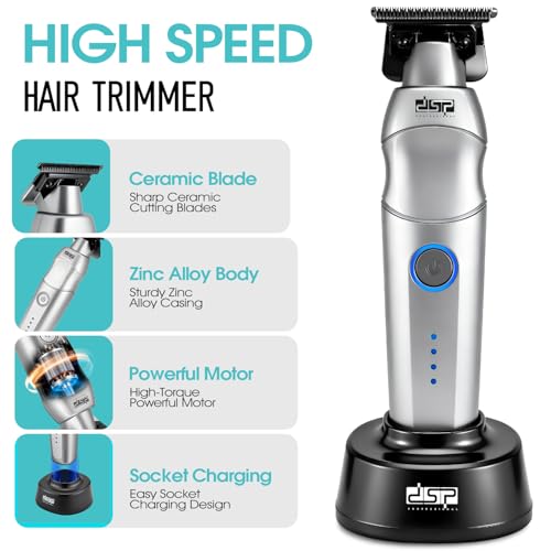 DSP Professional Hair Trimmer for Men, Beard Mustache Cordless Trimmer, Indicator Light with Charge Base, Zinc Alloy Body, Low Noise, Zero Gapped Edgers Trimmer (Silver)