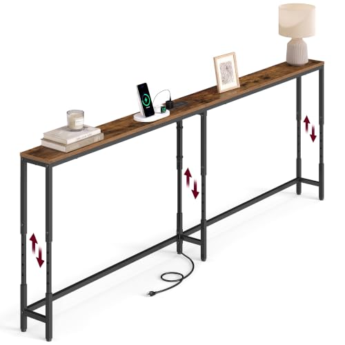 VASAGLE Rustic Brown & Matte Black 78.7-Inch Adjustable Console Table with Power Outlet, 5.9