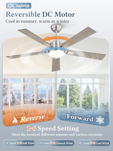 Glowivia 52-Inch Brushed Nickel Ceiling Fan with Dimmable RGB Lights & Remote - Modern 6-Speed Reversible Fan for Living Room & Bedroom, Model 1