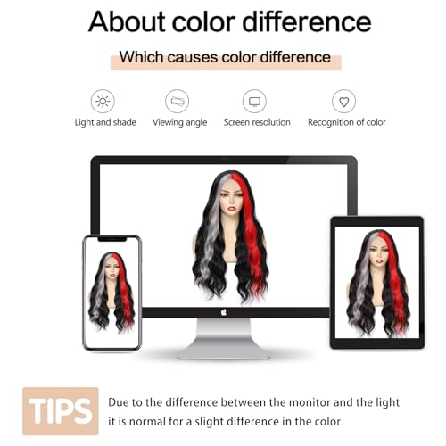 Black Wavy Wigs for Women 26 Inch Long with Red Grey Highlights - Middle Part Style