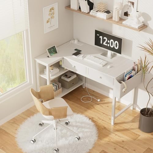 DLisiting White 39.4-Inch L-Shaped Corner Desk with Drawers & Shelves