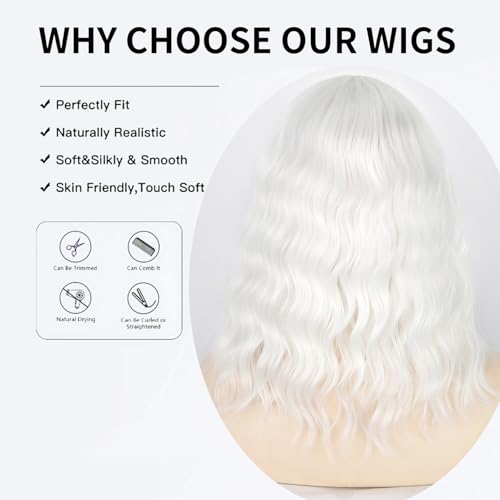 incohair Short White Wavy Wig - 14 Inch Shoulder Length Cosplay Wig for Women - Variation: White