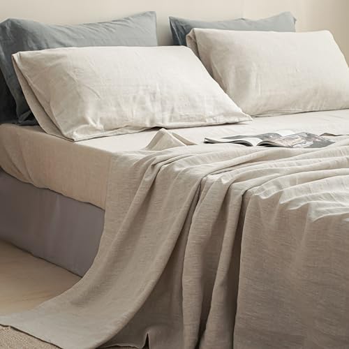 Full Linen Fitted Sheet - 14 Inch Deep Pocket, Breathable French Flax, Soft & Durable