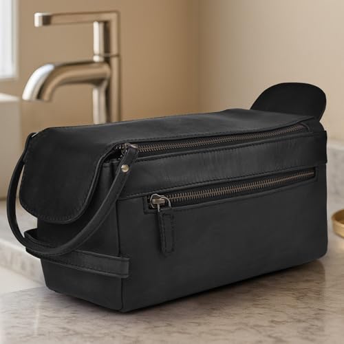 Full Grain Leather Toiletry Kit for Men & Women ? Travel Toiletries & Shaving Bag Organizer, Water-Resistant Grooming Case for Bathroom, Makeup & Cosmetic Storage - Midnight Black