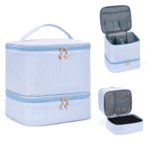 Cohawk Blue Stripes Nail Polish Organizer Bag Holds 30 Bottles, 2 Layers Travel Case