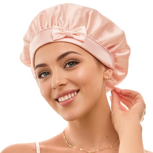 Golden Star Beauty Silk Bonnet Sleeping Cap For Women, Made of Real 100% Mulberry Silk, Soft and Easy to Use, Breathable & Adjustable Sleep Caps, Fine Hair Wrap - Night Head Cap for Curly Hair (Pink)