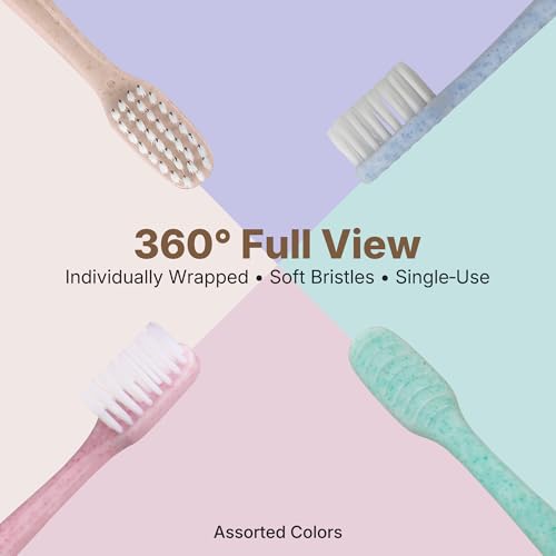 100 Pack Disposable Toothbrushes with Tongue Scraper - Soft Bristles, Individually Wrapped Bulk Travel Set - 4 Colors