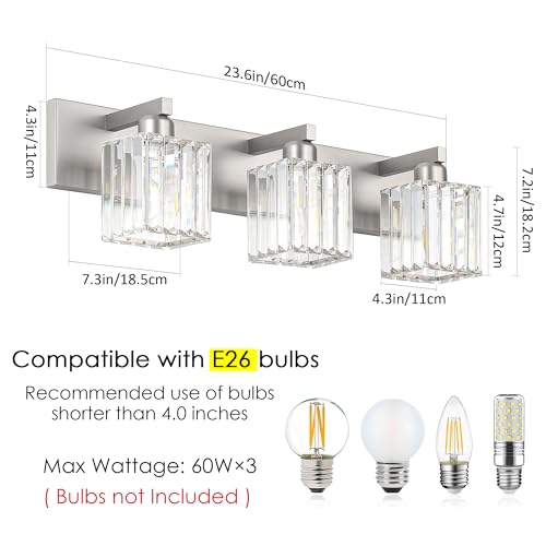 Aipsun Brushed Nickel 3-Light Crystal Bathroom Vanity Light, 23 Inch