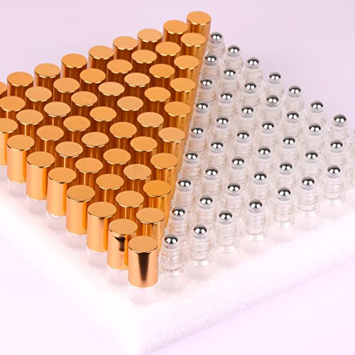MaxMau 100 Pack 5ml Clear Glass Essential Oil Roller Bottles with Stainless Steel Balls & Gold Lids - Travel & Sample Size