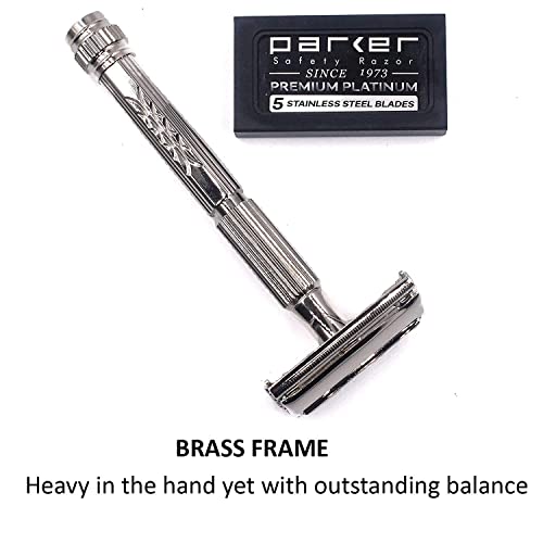 Parker 60R Long Handle Butterfly-Open DE Safety Razor for Men ? Solid Brass, Nickel-Plated Wet Shaving Razor ? Includes 5 Platinum Blades?Close, Comfortable Shave, Reduces Razor Burn & Ingrown Hairs