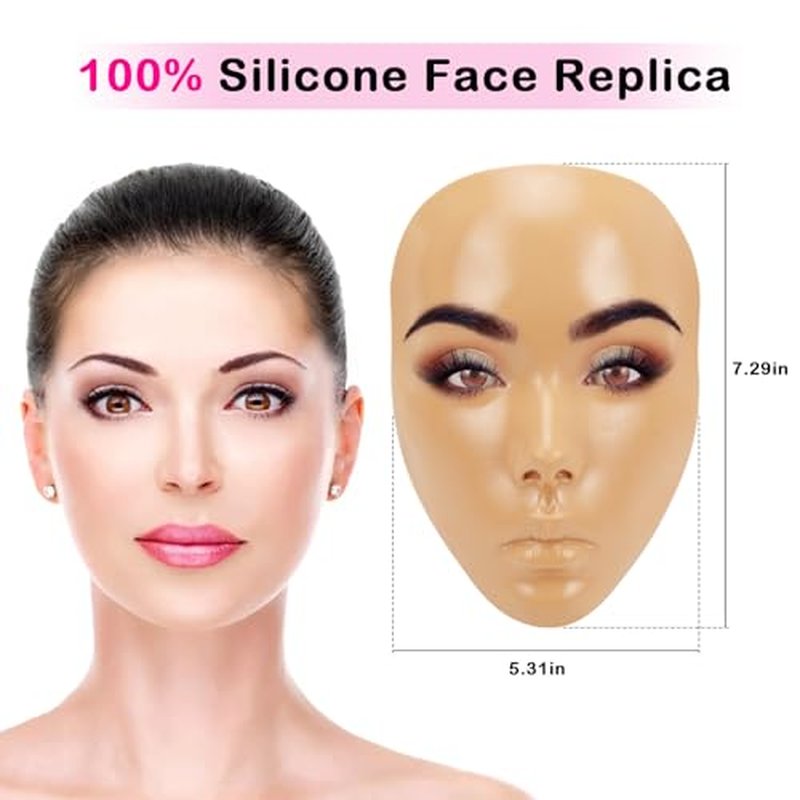 3D Makeup Practice Board - Silicone Face, Reusable Mannequin with Brushes & Eyebrow Pencils, Eyelashes, Bag & Remover Towel
