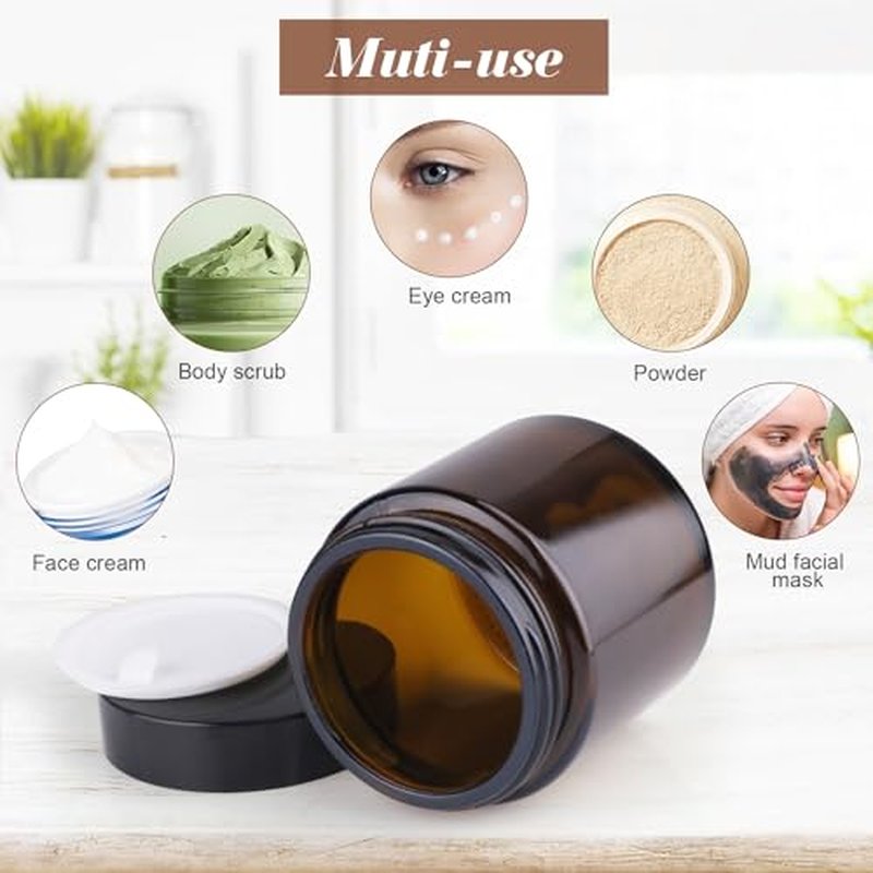 4Pcs 100g/3.4oz Amber Round Glass Jars Brown Facial Cream Packaging Pot Leak Proof Cosmetic Bottles with Plastic Inner Liners and Lids for Balm,Lotion,Aloe Gel,Body Scrub