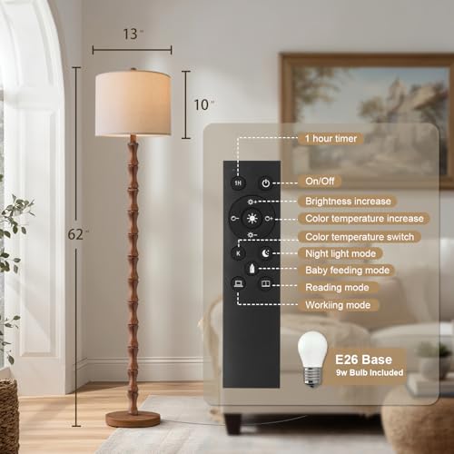 62-Inch Rustic Farmhouse Floor Lamp with Remote & Dimmable Bulb - Warm Brown