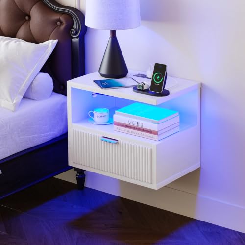 Homeiju Floating Nightstand with Charging Station & RGB LED Lights, Wall-Mounted Bedside Table with Drawer
