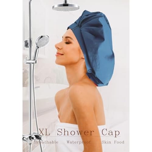 Shower Cap for Women, Large Waterproof Shower Bonnet Washable Elastic Band Bath Hair Hat for Long Hair, Braids (blue)