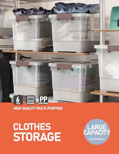 32 Qt Plastic Storage Bin with Lids & Buckles - 6 Pack, Stackable & Clear
