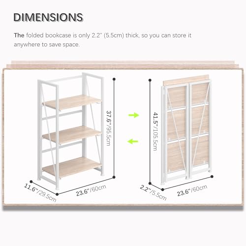 Foldable Bookshelf Storage Rack - 3 Tiers, No Assembly, Vintage Design, 23.6in Wide - Natural White