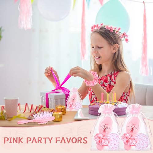 Pink Bow Hair Brush & Compact Mirror Set for Travel & Party Favors