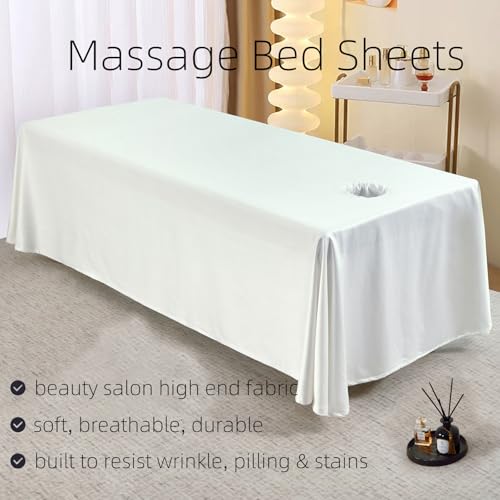 Premium Reusable Massage Table Skirt Sheets with Face Hole - 72x118 Inch White Fitted Bed Cover for Spa & Esthetician Beds