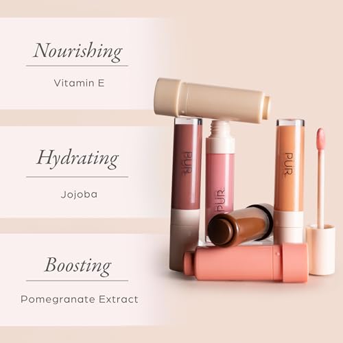 PÜR MINERALS Glossy Lip Tint & Lip Oil in Strawberry Sorbet – Hydrating & Plumping Lip Gloss, Vegan & Cruelty-Free, Soft Peach Nude