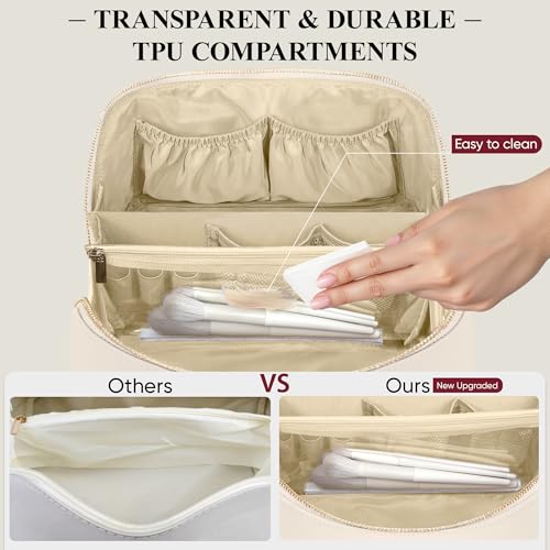 Large Travel Makeup Bag - Open Flat Cosmetic Organizer for Women - Beige, MSTONAL
