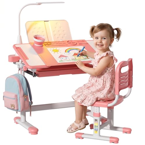 Kids Desk and Chair Set with Adjustable Height & Tiltable Desktop, Art & Study Table for Ages 3-12