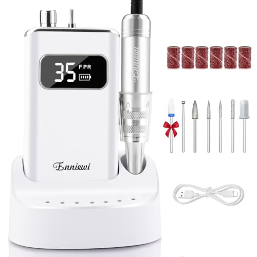 Enniewi White Cordless Electric Nail Drill Kit with 7 Bits & Rechargeable Base