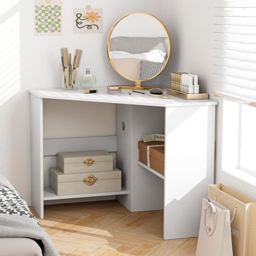 White Compact Corner Desk 33.5 x 33.5 Inches Space-Saving Study Table