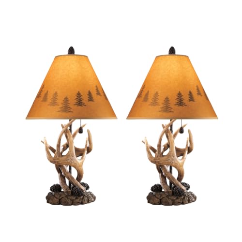 Set of 2 Rustic Table Lamps with Faux Rock and Pinecone Accents - Mountain Retreat Style, Silhouette Shade, 14.25 Inch